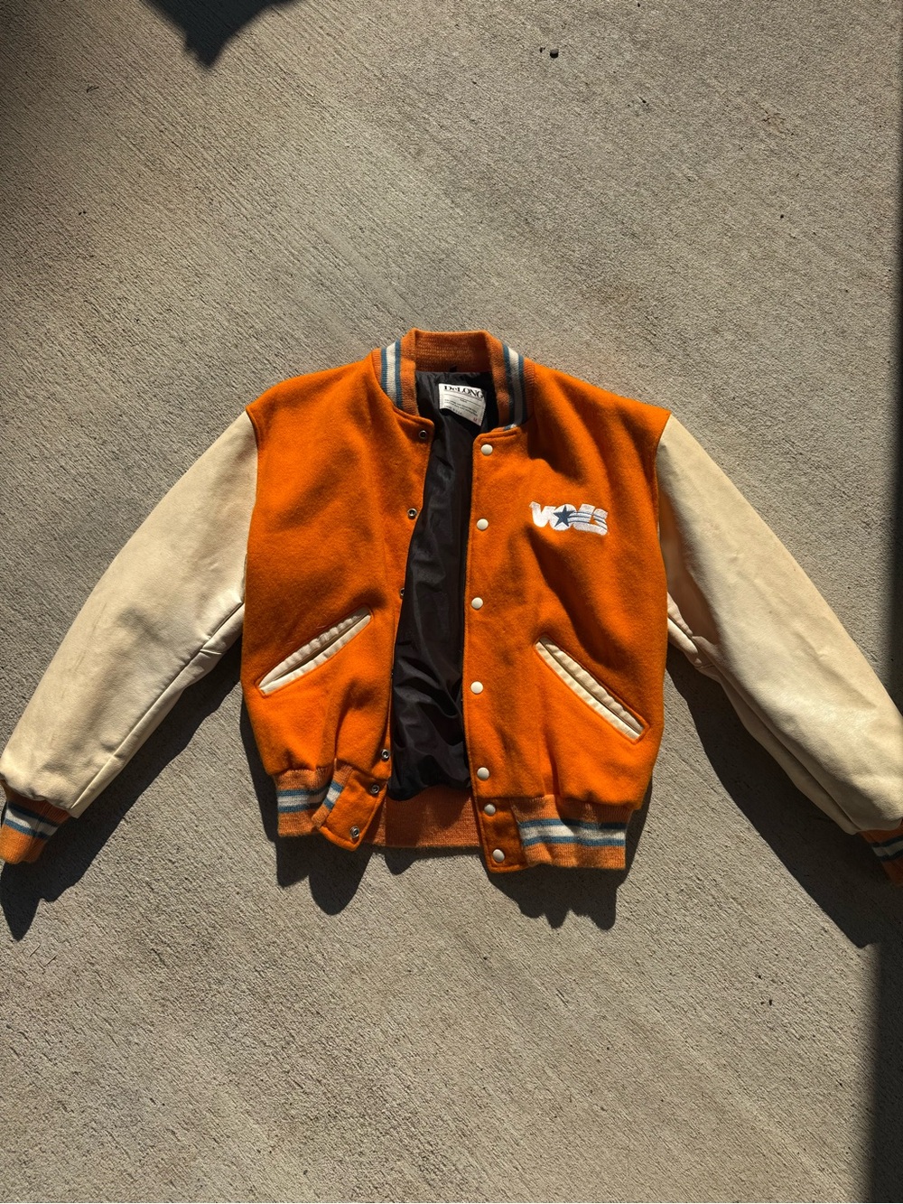 Vintage-Inspired Orange and Cream Varsity Bomber Jacket